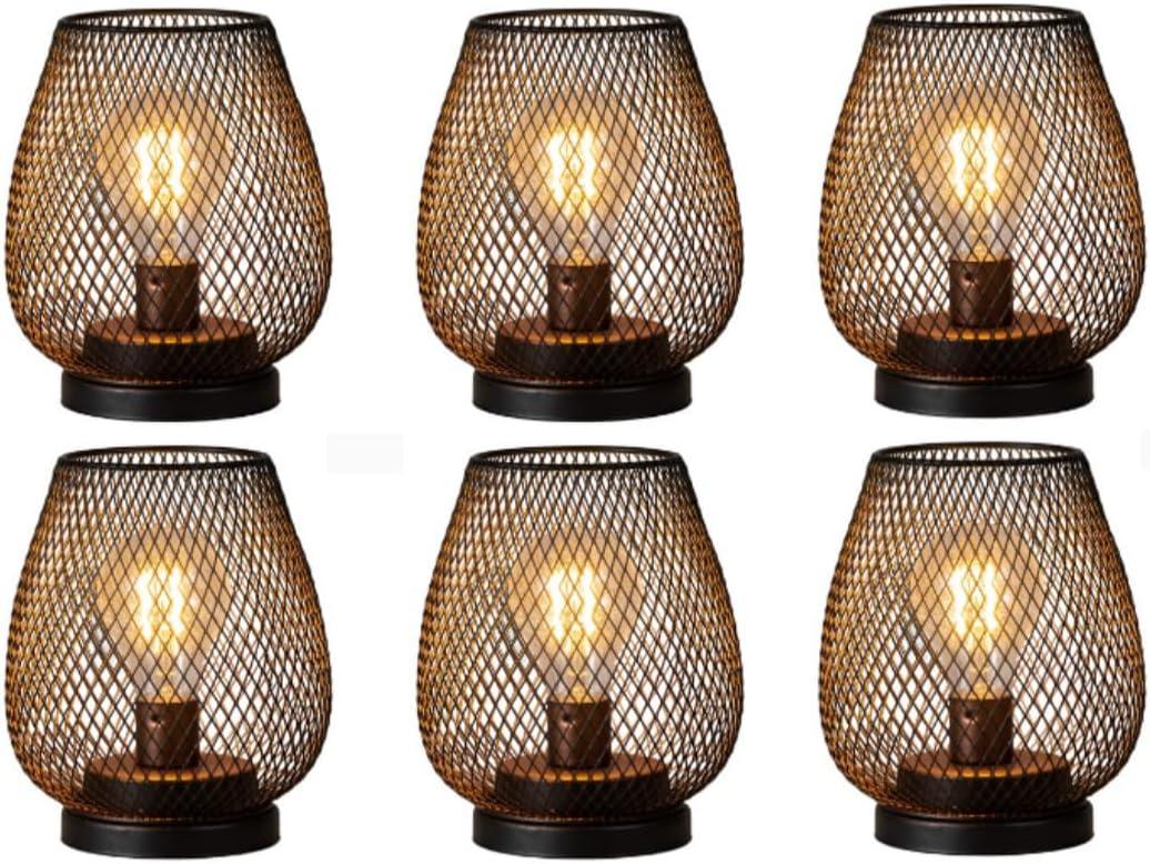DECORKEY Set of 6 Battery Operated Lamp LED Table Lantern, Brown Metal Cage Cordless Lamps with LED BulbVintage Decorative Outdoor Lantern for Weddings, Parties, Patio, Events for Indoors Shelf Decor