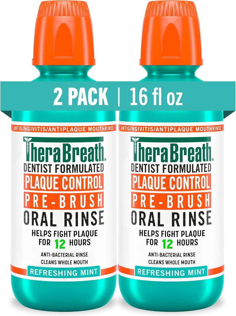 TheraBreath Plaque Control Pre-Brush Oral Rinse, Refreshing Mint Flavor, Antigingivitis and Antiplaque Rinse, Dentist Formulated, Alcohol Free, 16 Fl Oz (Pack of 2), BBD: 10/2026