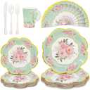 Boosolo Tea Party Supplies Serves 24, Tea Party Plates and Napkins Sets Include Paper Saucers, Teacups with Handles, Tableware for Girl's Birthday, Tea Party Decoration