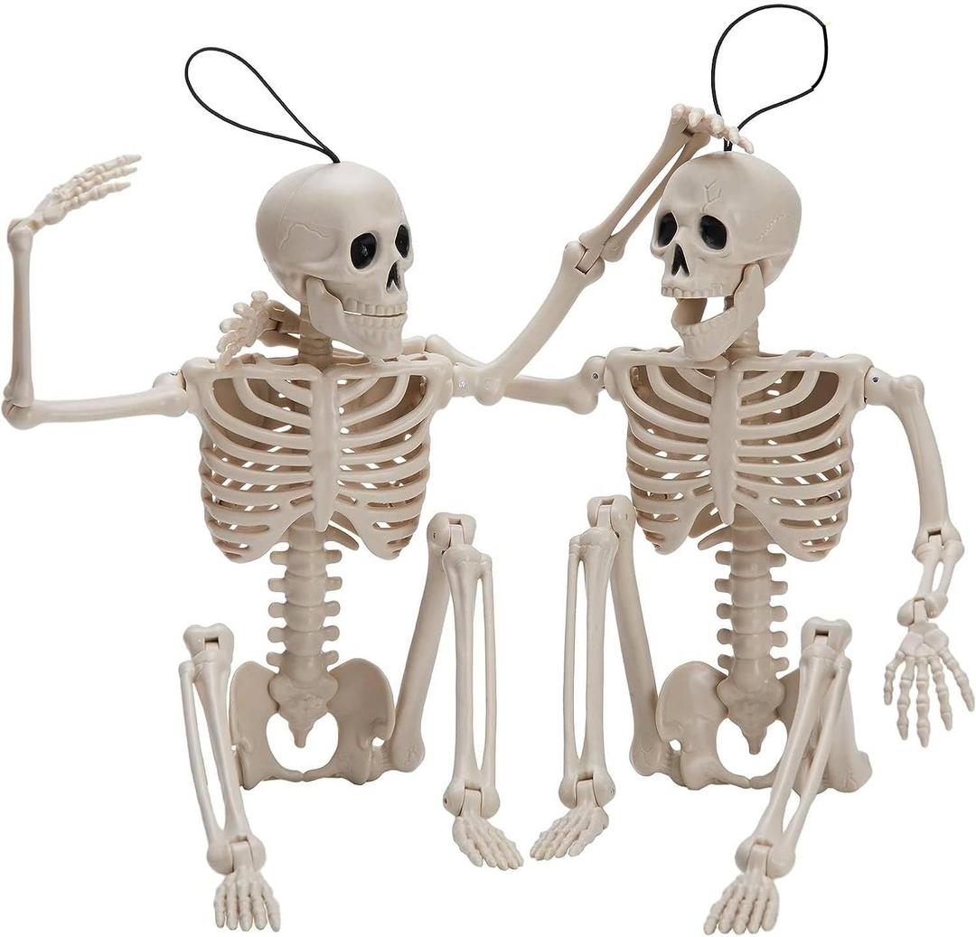 JOYIN 2 PCS 16" Halloween Skeleton Decor, Full Body Stayable Movable Joints, Posable Hanging Skeletons for Halloween Decoration, Yard, Graveyard, Haunted House Props, Spooky Scene Party Favor JOYIN 2 PCS 16" Halloween Skeleton Decor, Full Body Stayable Movable Joints, Posable Hanging Skeletons for Halloween Decoration, Yard, Graveyard, Haunted House Props, Spooky Scene Party Favor