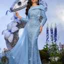 Women Sequin Beaded Mermaid Evening Gown Long Sleeve Prom Dress M