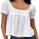 Women Y2k Puff Short Sleeve Top Backless Ruffle Hem Square Neck Fitted Crop Blouse Pleated Solid T Shirt, S