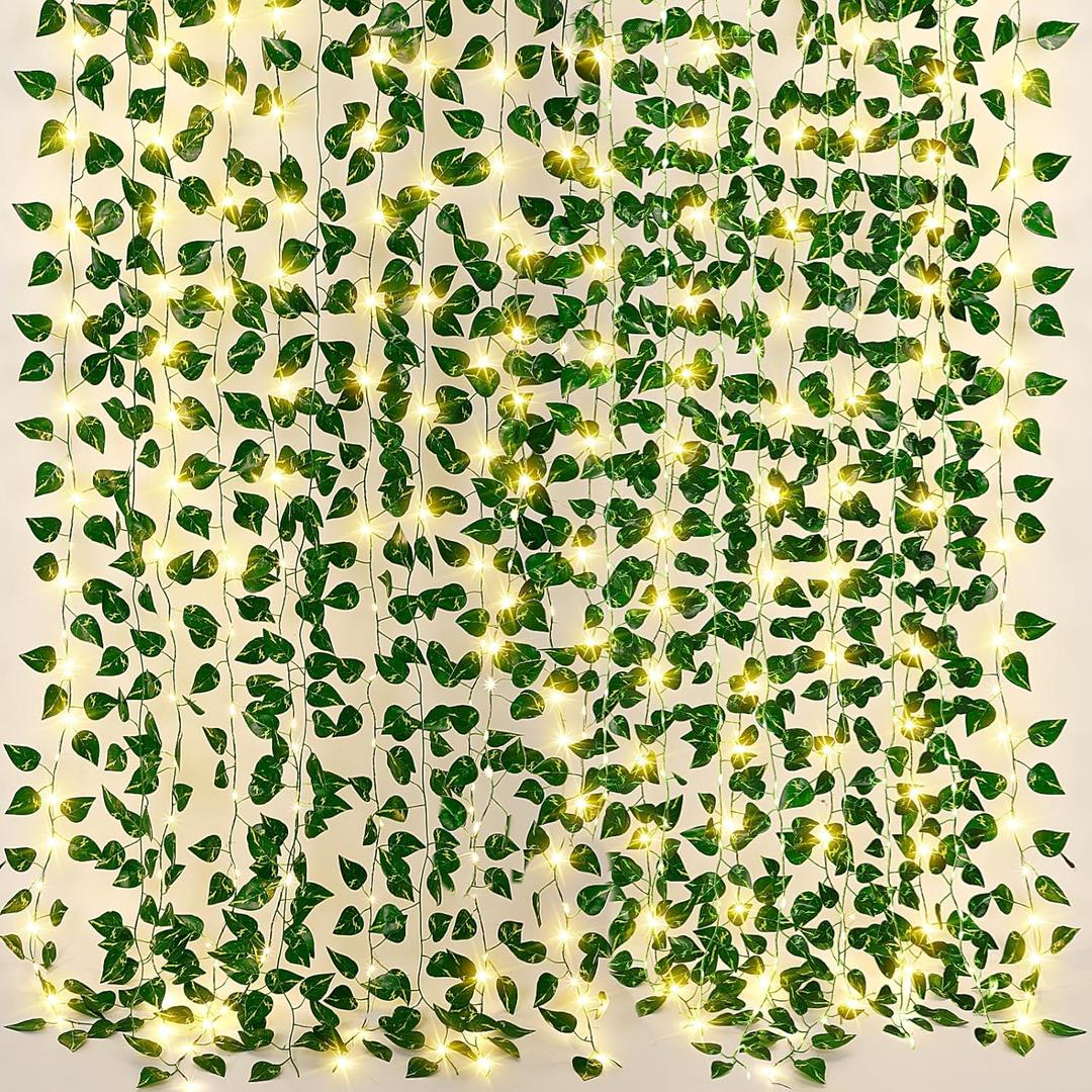 18 Pack 127ft Vines with Lights Artificial Ivy Vines for Room with 100 LED String Lights Fake Green Garland Hanging Leaf Plants for Garden Office Wedding Home Party Wall Decoration