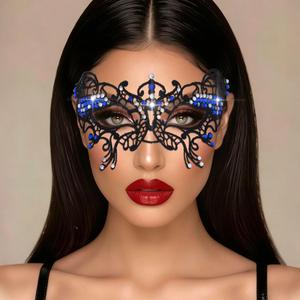 Masquerade Mask for Women Rhinestone Butterfly Lace Masquerade Masks Venetian Costume Ball Party Eye Mask (Blue)