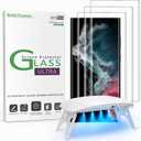 amFilm Glass Screen Protector for Samsung Galaxy S22 Ultra, 3D Curved with Liquid Dispersion Tech, Designed for Fingerprint Reader, Upgraded Easier Application Tray, Tempered Glass, 3 Pack
