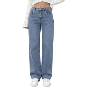Women's Straight Leg Jeans- High Waisted Stretchy Wide Leg Denim Pants, Elastic Waistband & Classic Blue Vintage Wash (Medium)