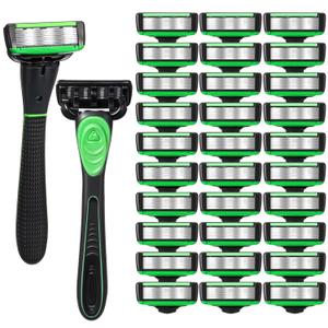 34 Pcs Shaving Kit for Men Disposable Men's Razors Set Refillable 7-blade Razors Travel Shave Set Designed for Sensitive Skin, 2 Handle and 32 Razor Blade Refills