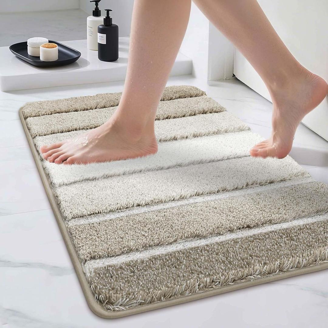 COSY HOMEER Bathroom Rugs 24"x17", Ultra Soft Absorbent Bath Mat with Non-Slip TPR Backing, Machine Washable Shaggy Rug for Bathroom Floor, Beige