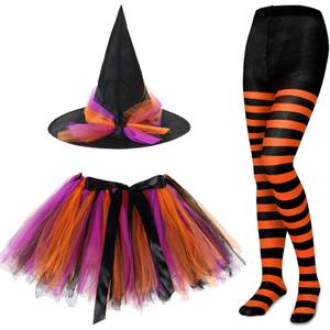SATINIOR Halloween Witch Costume for Women 2025 Halloween Witch Hat Tutu Skirt and Striped Tights for Cosplay Party(Orange Black)