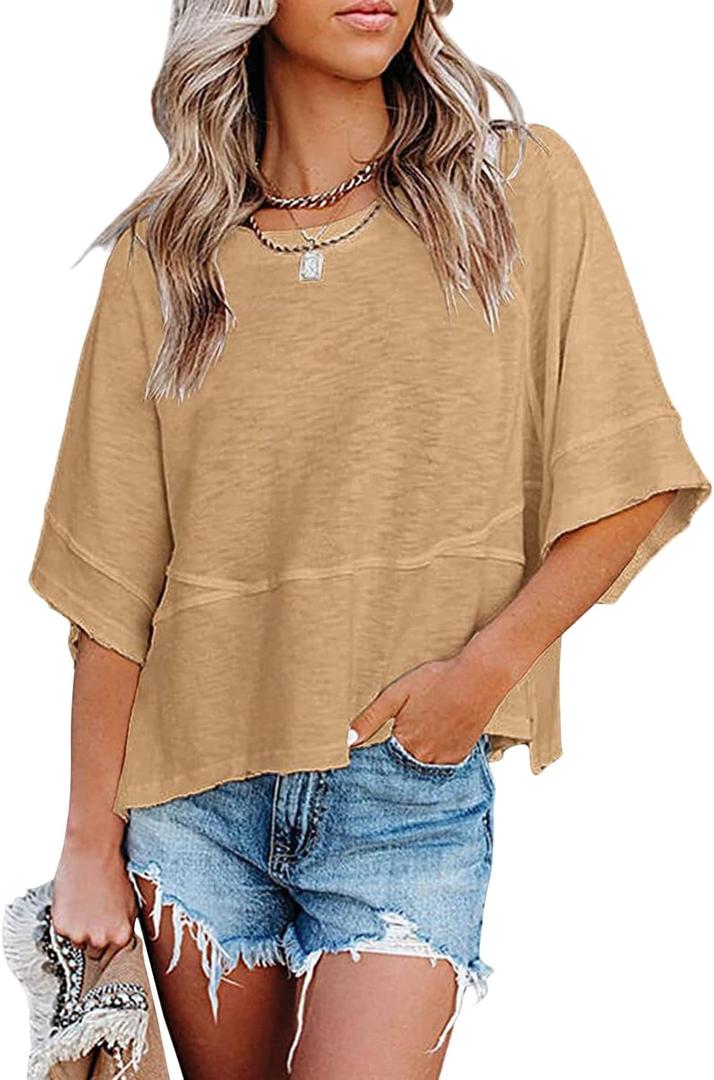 Womens Summer Casual Crewneck Batwing Half Sleeve T-Shirts Casual Loose Solid Color Blouse Basic Tee Tops (M)