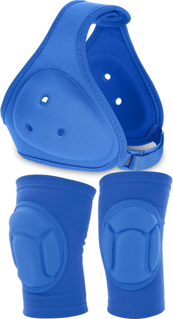 Wrestling Headgear for Kids Youth with Protective Knee Pads Soft Grappling Headgear Wrestling Ear Protection Thick Sponge Anti Slip Knee Sleeve for Sparring Brazilian Jiu Jitsu (Blue)