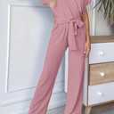 PRETTYGARDEN Women's One Piece Jumpsuits Dressy Casual Summer Short Sleeve Wrap V Neck Wide Leg Pants Romper Spring Clothes (Pink, S)