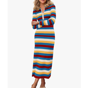 PRETTYGARDEN Women's Striped Spring Midi Sweater Dress Fall Long Sleeve Button Up V Neck Knit Bodycon Vacation Party Dresses Stripe Red Rose Size 2XL 