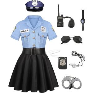 Kids Police Officer Costume Girls Cop Cosplay Outfits Uniform Halloween Costumes with 9 Pcs Accessories, 4-6Y