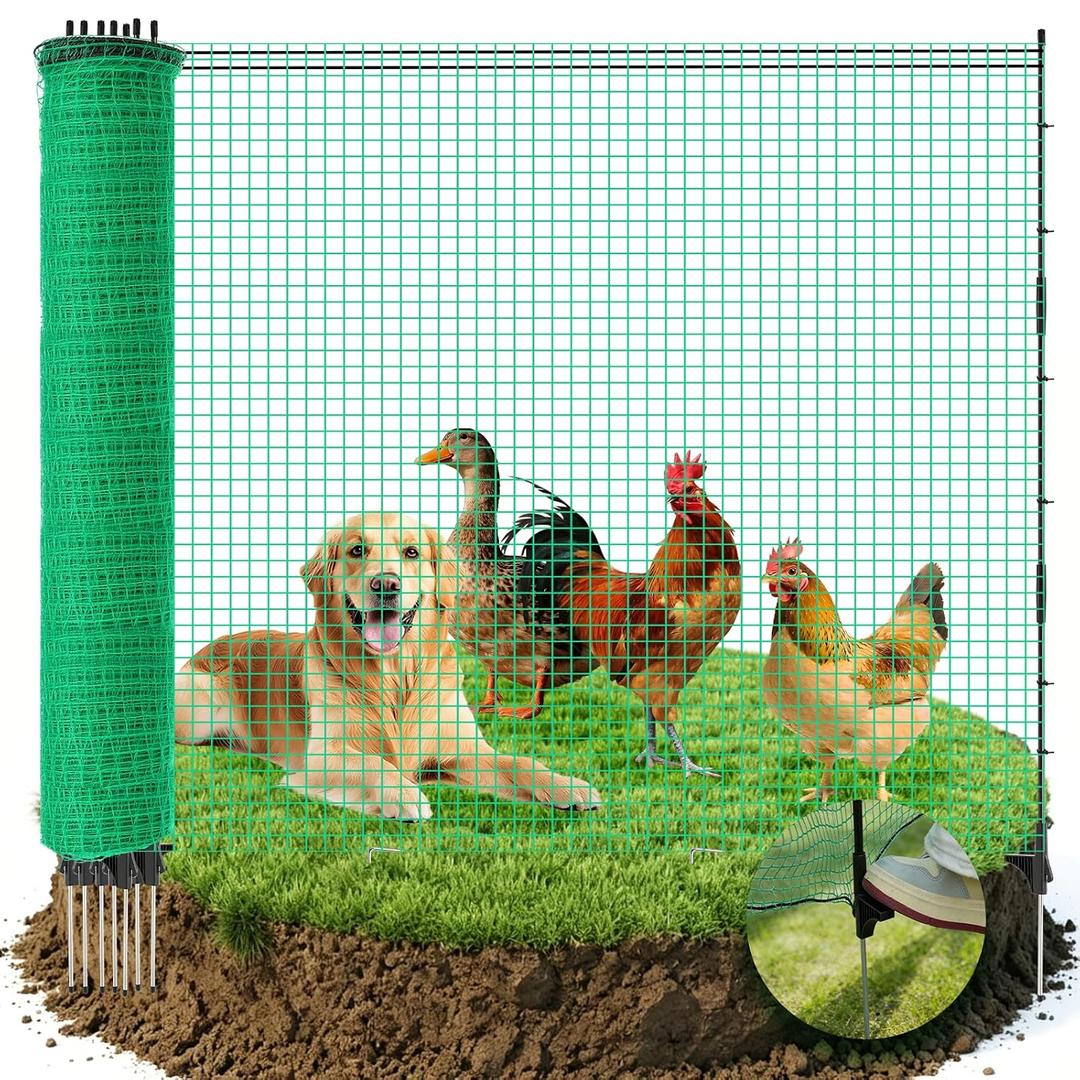 4' x 131' Temporary Fence with Posts, Plastic Temporary Fencing with Fiberglass Posts, Windproof Rope and Ground Stakes, Portable Fence Outdoor for Gardens, Chicken Coops and Outdoor Animal Protection