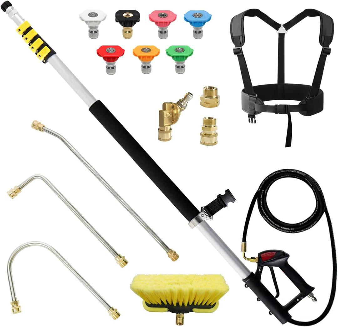 janz 24 FT, Aluminum Telescoping Pressure Washer Wand with 2 Pressure Washer Extension Wands,Gutter Cleaner Attachment, 7 Spray Nozzle Tips, 2 Hose Inlet Adapters, Pivoting Coupler and Support Harness (Yellow)