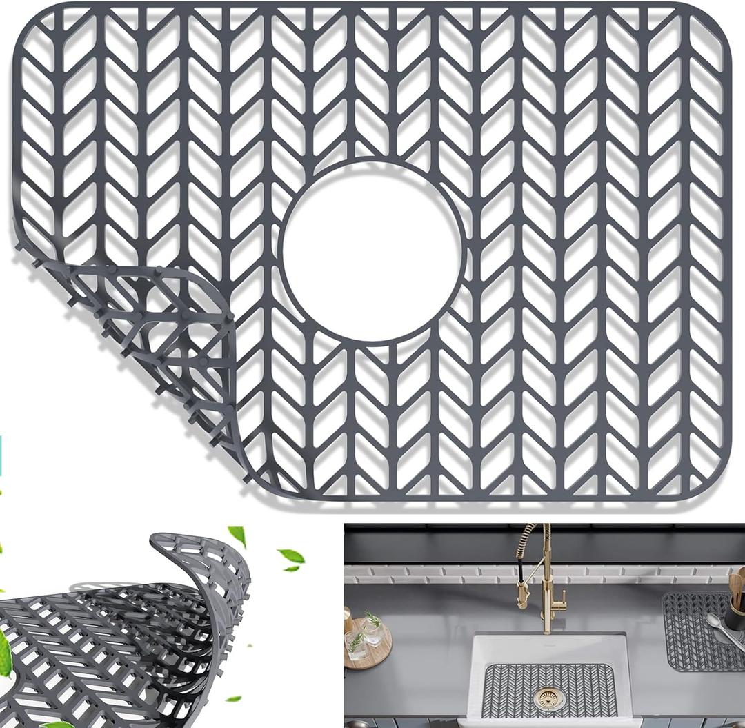 AWOKE Sink Protectors for Kitchen Sink | 16.2"x 12.5" Kitchen Sink Mats for Bottom of Kitchen Sink | Sink Inserts for Kitchen Sink of Stainless Steel Sink | Center Drain (Grey)