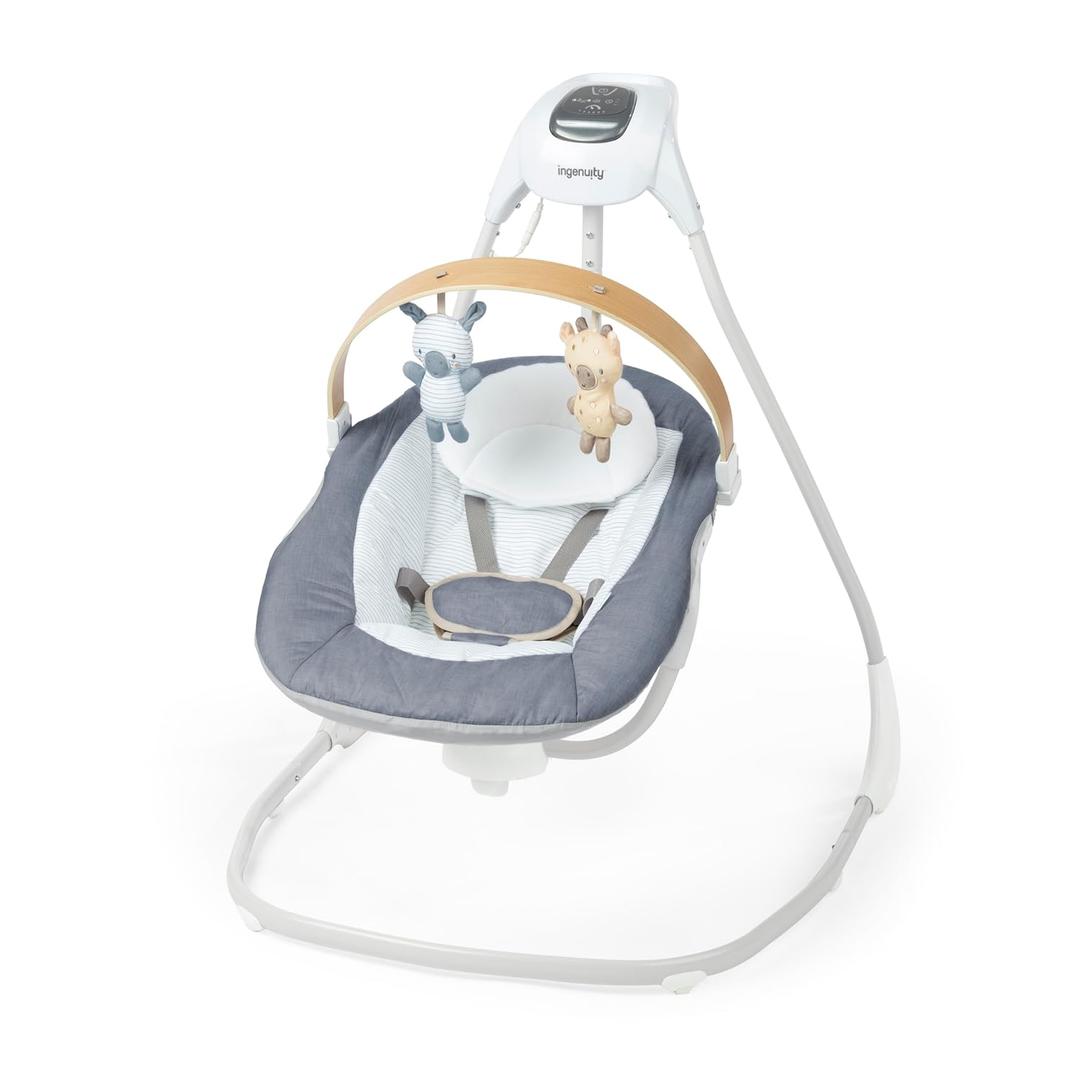 Ingenuity SimpleComfort Compact Baby Swing, Rotating Seat Swings in 3 Directions, 6 Speeds, 8 Melodies & 3 Nature Sounds, Ages 0-9 Months, Up to 20 Pounds - Chambray