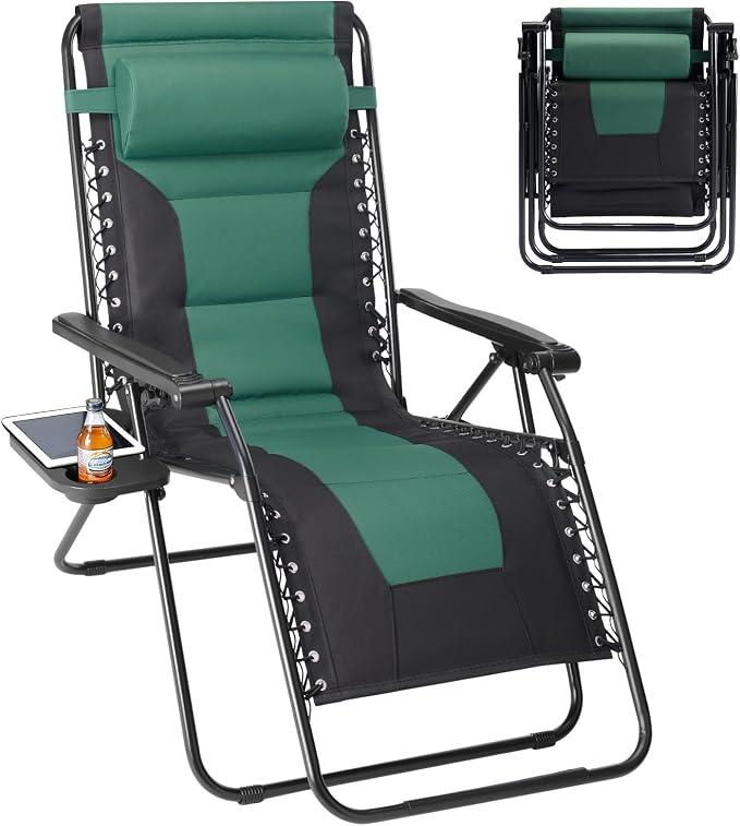 Backyard Expressions Deluxe XL Padded Recliner Zero Gravity Chair – Ergonomic Anti-Gravity Lounger with Folding Design, Side Tray, and Adjustable Headrest