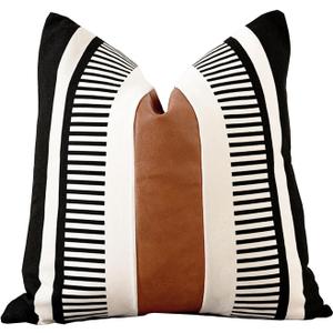 Farmhouse Decorative Throw Pillow Cover for Sofa Couch Accent Faux Leather Square Cushion Cover Tribal Stripe Boho Pillow Case 18 x 18 Inch,Black