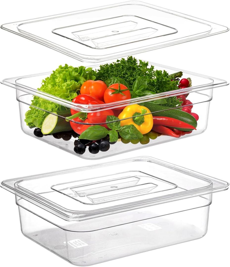 Bekith 2 Pack Clear Polycarbonate Food Pans with Lids, Half Size 4 Inch Deep, Stackable Plastic Food Pans for Commercial Kitchen Restaurant Food Prep, Freezer-Safe