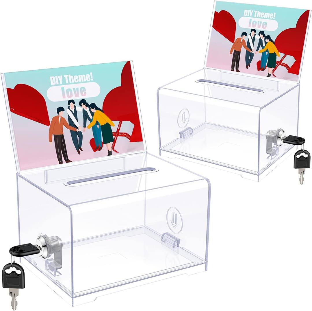 Uniclife 2 Pack Acrylic Donation Box with Lock and Sign Holder Clear Ballot Boxes with Slot Plastic Suggestion Box Storage Container for Fundraising Voting Charity Tip Collection, 6.2" x 4.7" x 4" (2 Pack, Clear)
