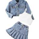 MakeMeChic Girl's 3 Piece Fall Outfits Cami Crop Top Long Sleeve Denim Jacket and A Line Jean Skirt Set Blue 6 Years
