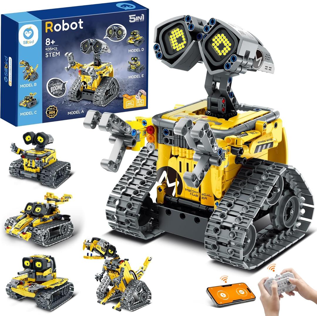 Sillbird Robot Building Kit with Remote Control for Boys Ages 8-14, STEM Coding Robotics Technic Toy Birthday Creative Gifts for Kids, Buildable 5in1 Models with 435 Pieces (Yellow)