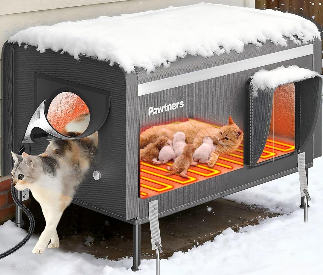 Pawtners Heated Outdoor Cat House for Outside Cats, 26'' XL Insulated Weatherproof Cat Shelter with Heated Pad, Elevated Feet & Escape Door, Warm Kitty House for Feral or Stray Cats in Winter (Grey)