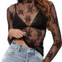 Buauty Mesh Long Sleeve Top for Women, Lace Sheer Tops See Through Mock Neck Floral Embroidery Sheer Blouce Fishnet Shirt (Large, Black)