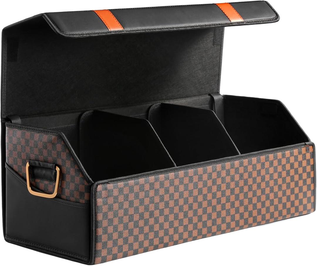 Car Trunk Organizer for SUV and Sedan, Orange‑Stripe Plaid, 29.5 in