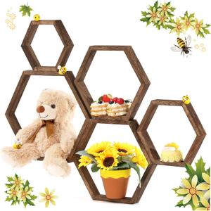 Gerrii 5 Pcs Honey Comb Decorations 5 Sizes Wood Hexagon Shelves Honeycomb Centerpiece Cupcake Stand Wooden Bee Hive Display Holder for Baby Shower Honeybee DIY Birthday Party Decor (Dark Brown)