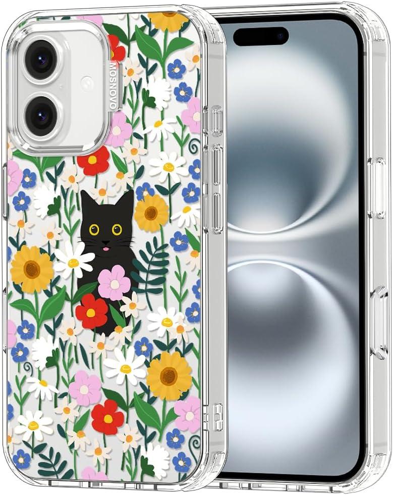 MOSNOVO Case for iPhone 16, [Buffertech 6.6ft Military-Grade Drop Protection] [Anti Peel Off Tech] Clear TPU Bumper Phone Case Cover Design - Black Cat in Garden