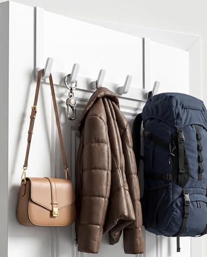 KitchLife Over The Door Hooks - Heavy Duty 5-Hook Organizer, 80lb Total Capacity for Robes, Coats & Towels, Fits 1 3/4" Doors, L18U, Gap-Free & Scratch-Free Design, White,2-Pack