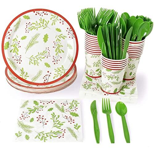 Juvale 144 Piece Christmas Party Plates, Napkins, Cups, Cutlery with Holly Berry and Leaves Design (Serves 24)