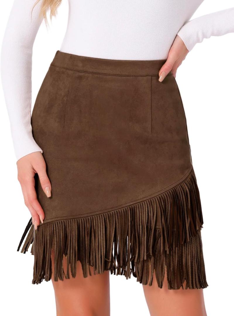 Allegra K Faux Suede Skirt for Women's Vintage High Waist Fringe Trim Stretch Bodycon Mini Skirts (Large)