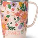 Swig Life 18oz Travel Mug, Insulated Tumbler with Handle and Lid, Cup Holder Friendly, Dishwasher Safe, Stainless Steel, Floral Mug, Flower Tumbler, Mothers Day Gifts for Mom (Full Bloom)