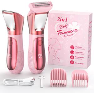 Bikini Trimmer for Women, 2 in 1 Electric Razors Shaver, IPX7 Waterproof Body Hair Trimmer with Mirror, LED Light & Display, Painless Pubic Hair Removal, Pink