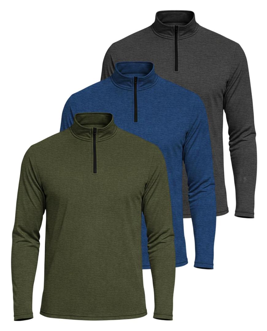 Real Essentials 3 Pack: Men's Dry-Fit Active Quarter Zip Long Sleeve Athletic Performance Pullover, M