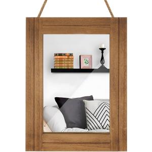 DECORKEY Rectangle Wall Mirror for Bathroom, Distressed White Wood Decor with Hanging Rope for Rustic Home Decor, Vanity, Living Room 12"×16"（Wooden）