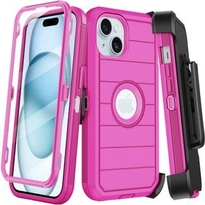 for iPhone 15 Case with Belt Clip Holster,Built-in Screen Protector,Heavy Duty Shockproof Drop Protection Military Grade 3 Layers Rugged Durable Phone Cover with Kickstand for Apple 15 6.1" (Rose)