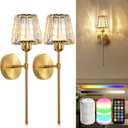 Battery Operated Crystal Wall Sconce Set of 2, Gold Rechargeable Wireless Wall Sconces with Remote Dimmable 12 Colors Modes Led Wall Lights, Wall Lamp for Bedroom Living Room Hallway, 2 Bulbs Included