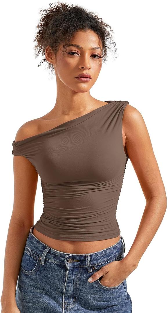 SUUKSESS Women Off Shoulder Tops Sleeveless Shirts Y2K Going Out Crop Tank Top (Small, Brown)