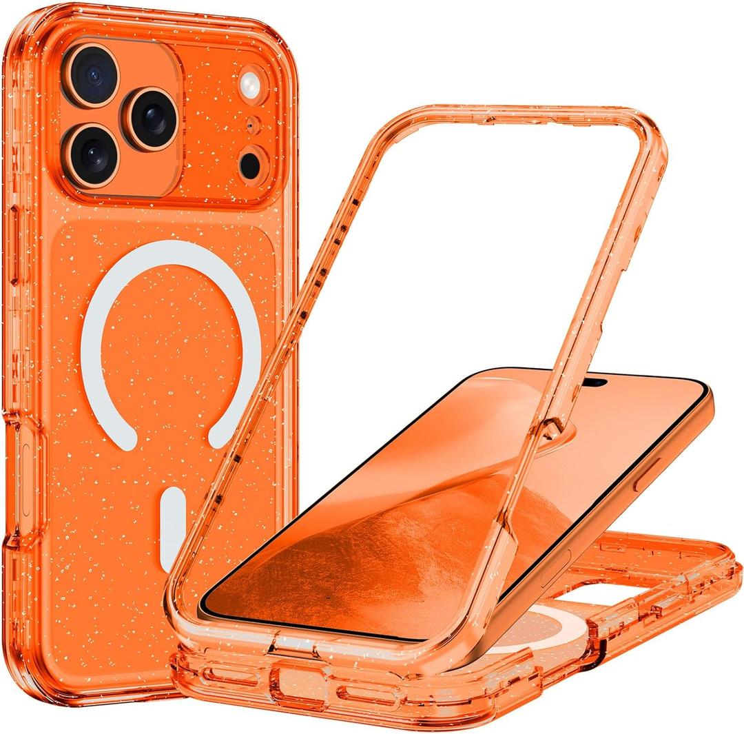 Hekodonk for iPhone 17 Pro Max Case, Compatible with Magsafe Heavy Duty Full Body Shockproof Protection 3 in 1 Women Girl Bling Case,Glitter Orange
