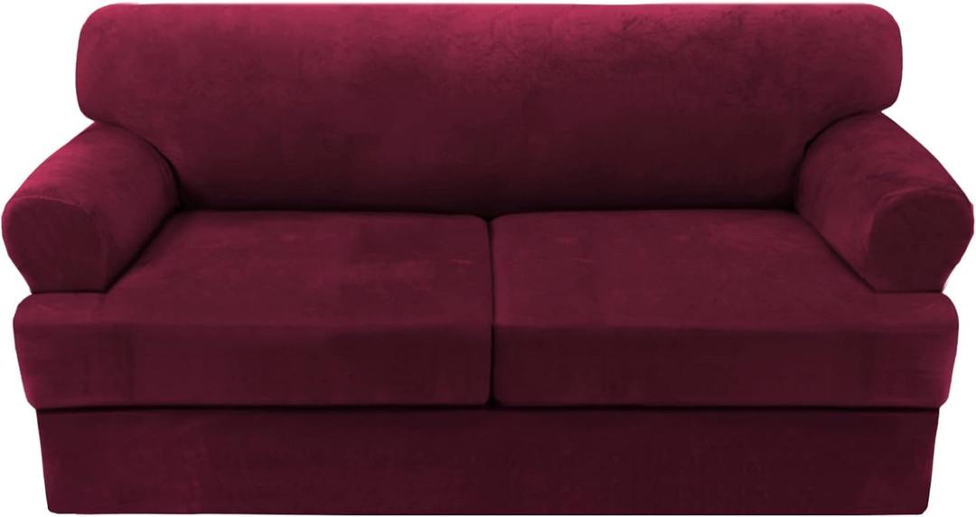 H.VERSAILTEX Sofa Cover 3 Piece T Cushion Sofa Slipcovers Thick Velvet Couch Cover Furniture Protector Stretch T Cushion Sofa Covers for 2 Cushion Couch with 2 Individual T Cushion Covers, Burgundy