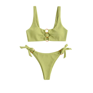 ZAFUL Women's Ribbed O-Ring String Bikini Swimsuit Cheeky Thong Swimwear Two Pieces Bathing Suit S