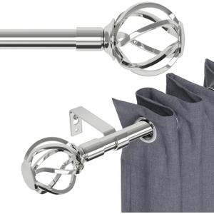 Silver Curtain Rods for Windows 66 to 120 with Cage Finials, Heavy Duty Curtain Rod with Splicing Adjustable, Decorative Curtain Rods for Outdoor Patio, Sliding Glass Door, 5/8" Diameter (Chrome)