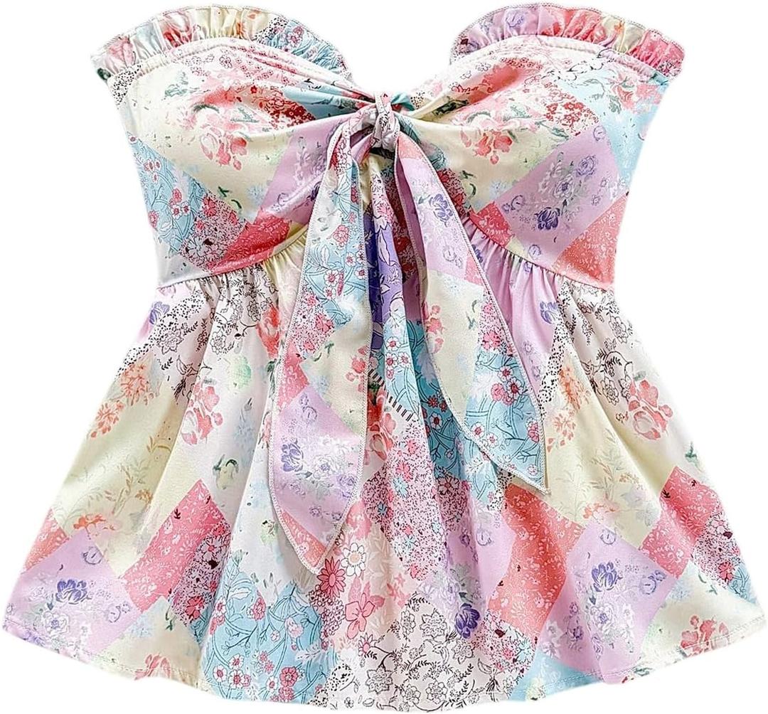 Milumia Women's Floral Plants Print Tie Front Tube Top Ruffle Trim Strapless Peplum Tops (M)