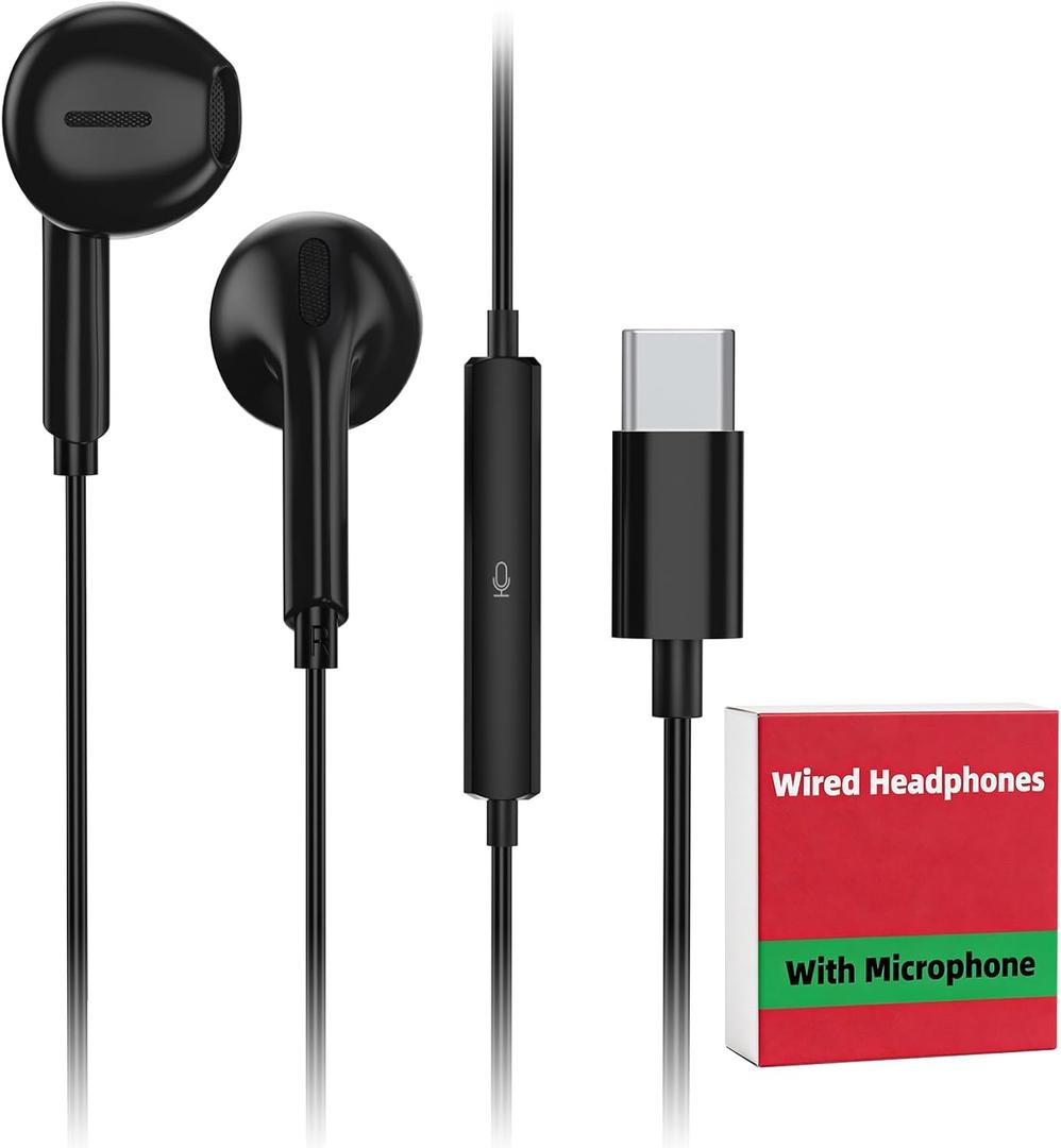USB C Wired Earbuds for iPhone 17/16/15 Pro Max Plus Air iPad & USB-C Headphones for Samsung Galaxy S26/S25/S24/S23 Ultra A55 A54, Type-C Earphones with Microphone