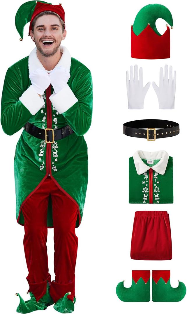 Arvilhill 6 Pcs Men's Christmas Elf Costume Deluxe Santa Helper Outfits with Coat Pants Hat Gloves Belt M